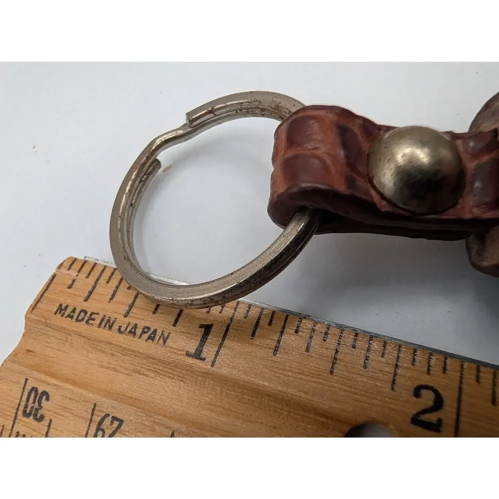 Vintage Heart & Scroll Leather Keychain Brown Crocodile Embossed Made in Japan
